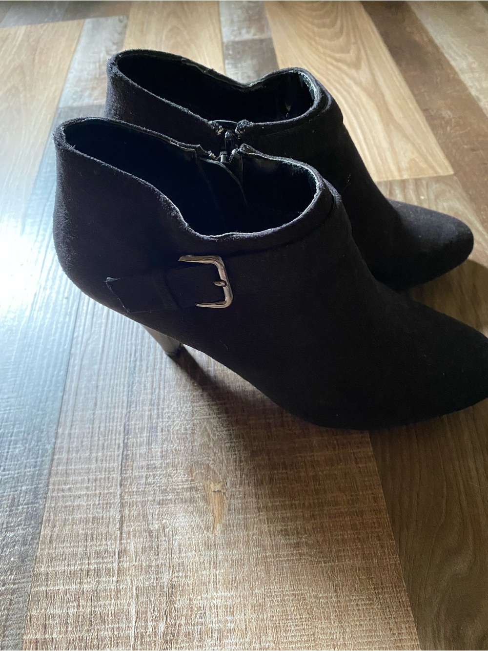 FIONI Clothing Black Suede Ankle Booties with Buckle Accent